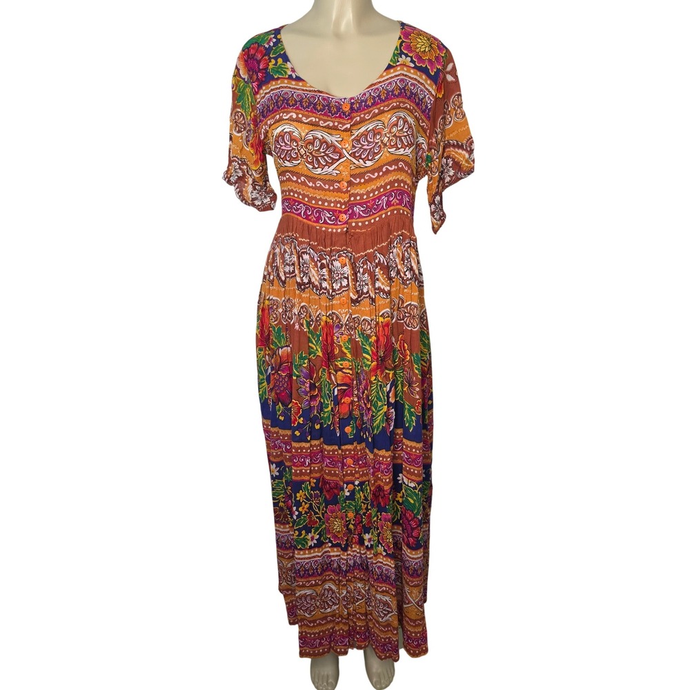 VTG Jasmine Maxi Dress Medium Multi Color Floral Paisley Boho Button Front Rayon